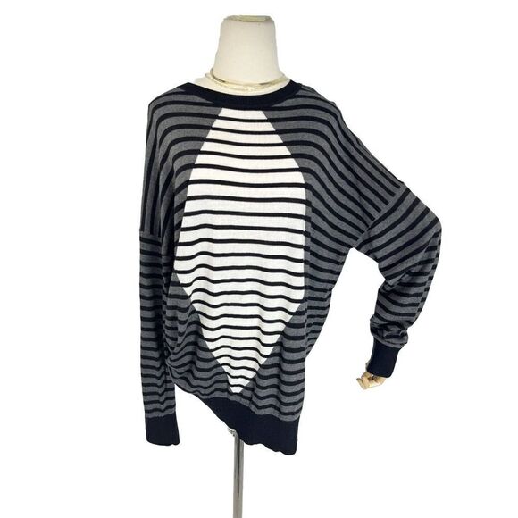 Planet by Lauren G Striped Oversized Sweater OSFM Black White Gray Striped - Picture 8 of 8